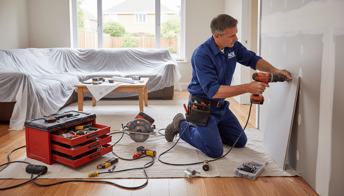 Professional handyman performing home repair work in a residential setting
