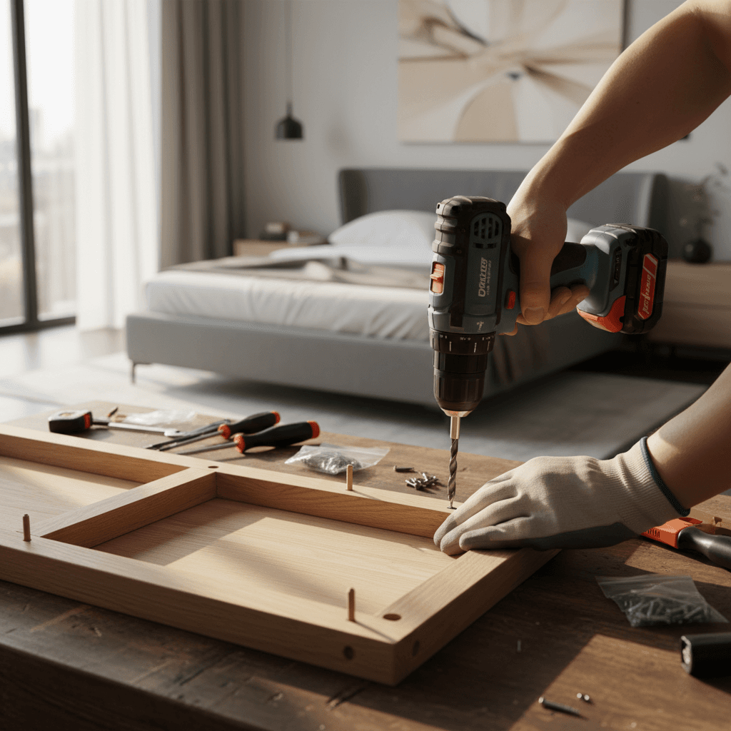 Handyman assembling furniture in bright modern home