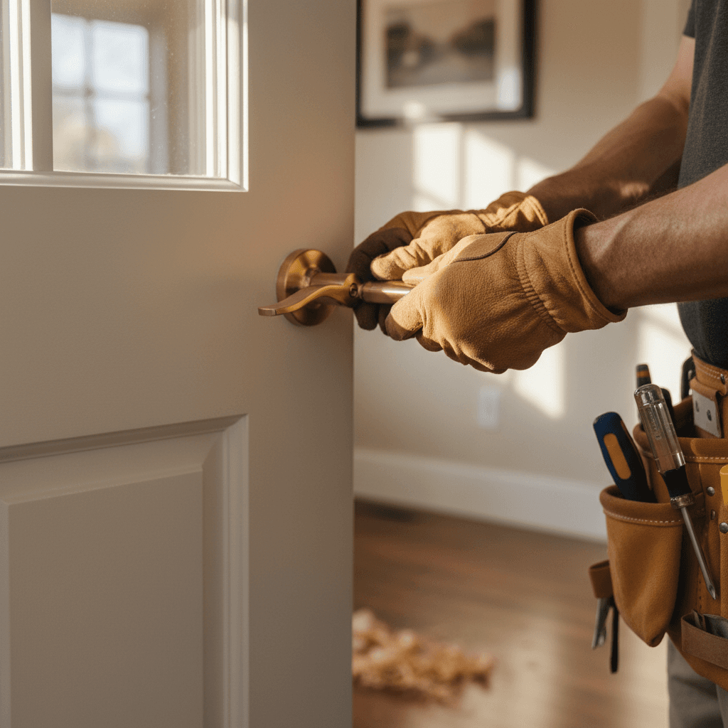 Professional handyman working on a home repair project with tools