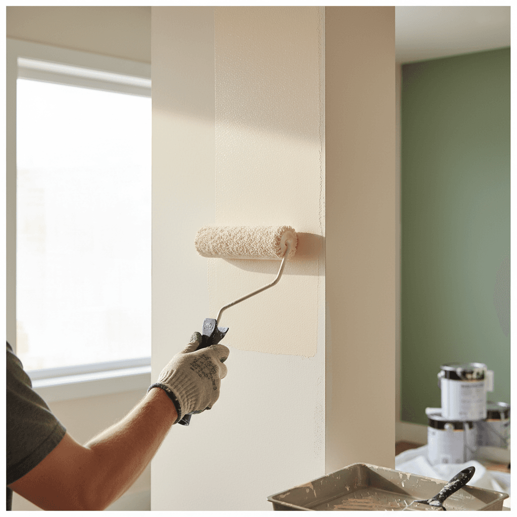 Painter applying fresh paint to a bedroom wall