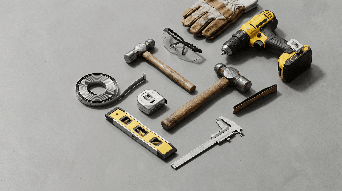 Overhead arrangement of construction tools including tape measure, level, hammers, and drill on gray concrete.