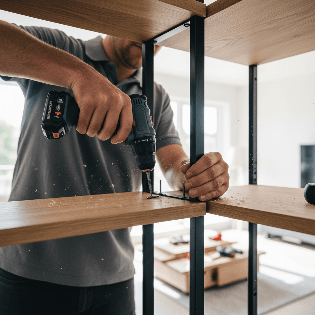 Handyman assembling furniture in a bright home interior