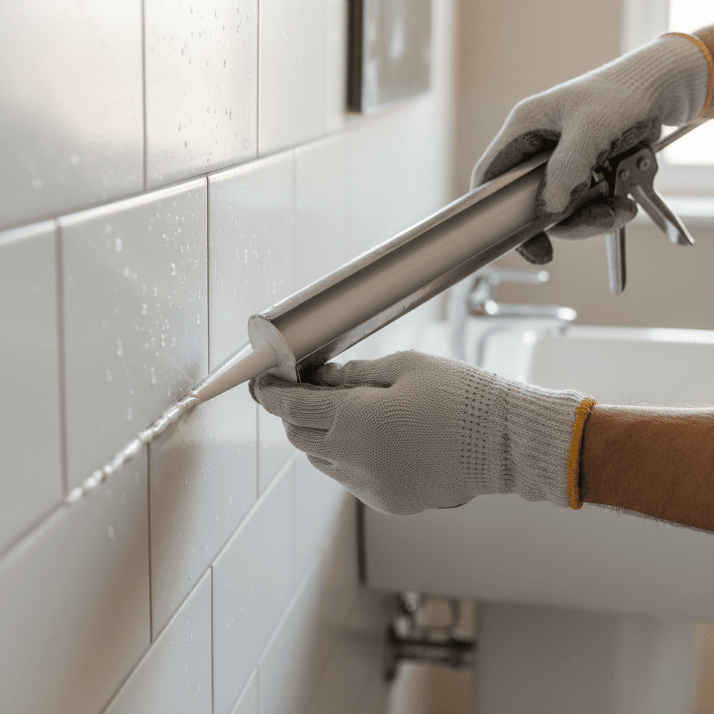 Hands in protective gloves caulking bathroom tile edge with precision, demonstrating skilled home repair work